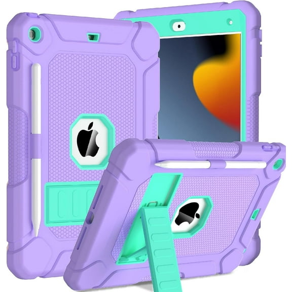 BMOUO Case for iPad 9th 8th 7th Generation (10.2 inch, 2021/2020/2019), Shockproof Protective iPad 10.2 Case with Built-in Stand/Pencil Holder, Purple Teal