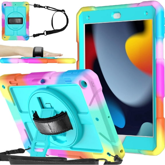 BMOUO Case for iPad 9th Generation Case, iPad 8th/7th Generation Case, iPad 10.2 Case, Shockproof Rotating Stand Hand Strap Kids Case for iPad 10.2" 2021/2020/2019 - Turquoise
