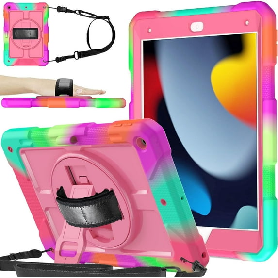 BMOUO Case for iPad 9th Generation Case, iPad 8th/7th Generation Case, iPad 10.2 Case, Shockproof Rotating Stand Hand Strap Kids Case for iPad 10.2" 2021/2020/2019 - Rose