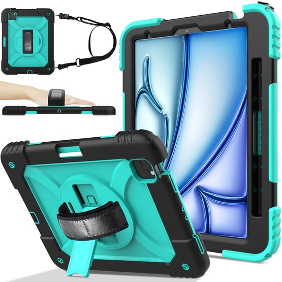 BMOUO Case for iPad Air 11 Inch M4 (2026) / M3 (2025) / M2 (2024),iPad Air 5th / 4th Generation 10.9 Inch Protective Case Cover with 360°Rotating Stand and Hand / Shoulder Strap, Cyan