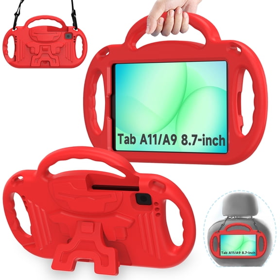 BMOUO Kids Case for Samsung Galaxy Tab A11 8.7 Inch 2025 / A9 8.7" 2023 / A7 Lite 8.7” 2021, with Shoulder Strap Lightweight, Shockproof Handle Stand Protective Cover, Red