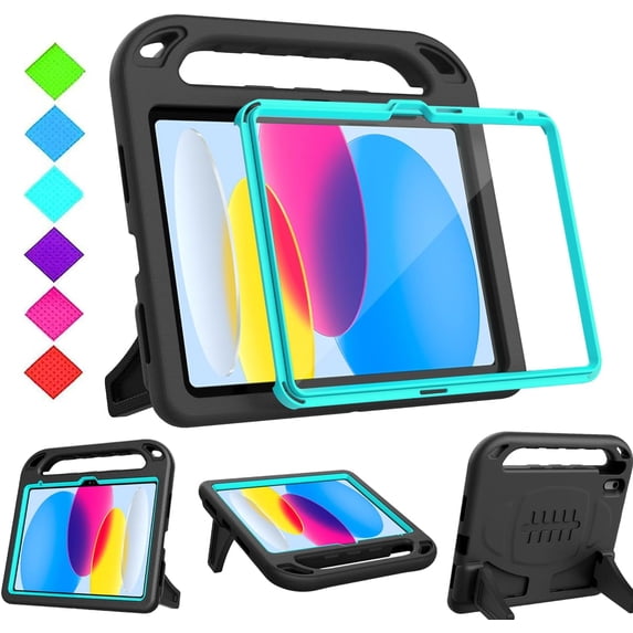 BMOUO Kids Case for iPad (A16) 11th Generation 11 Inch 2025, iPad 10th Generation 10.9 inch 2022 - with Built-in Screen Protector, Handle Stand iPad 11th/10th Gen Case for Toddlers, Black and Teal