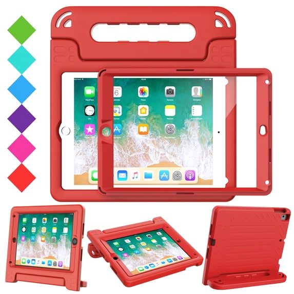 BMOUO Kids Case for iPad 5th/6th Generation (9.7-inch, 2017/2018), iPad Air 2 / iPad Pro 9.7 Case with Built-in Screen Protector, Shockproof Protective Cover with Handle Stand for Kids, Red