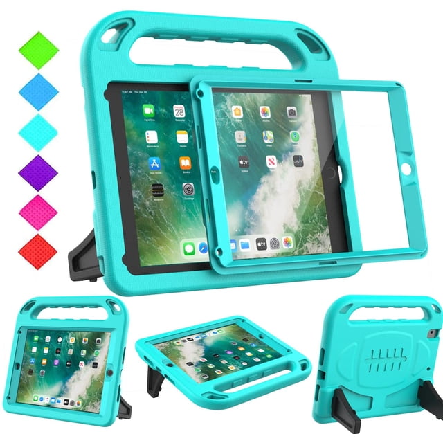 BMOUO Kids Case for iPad 9.7 2018/2017/iPad Air 2/1/Pro 9.7-Built-in Screen Protector Shockproof Handle Convertible Stand Case for iPad 9.7 Inch 2018 (6th Generation)/2017 (5th Generation),Turquoise