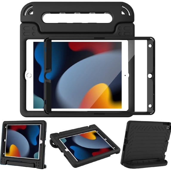 BMOUO Kids Case for iPad 9th/ 8th/ 7th Generation (2021/2020/ 2019), iPad 10.2 Case with Built-in Screen Protector, Shockproof Handle Stand Kids Case for iPad 9 8 7 Generation 10.2 Inch - Black