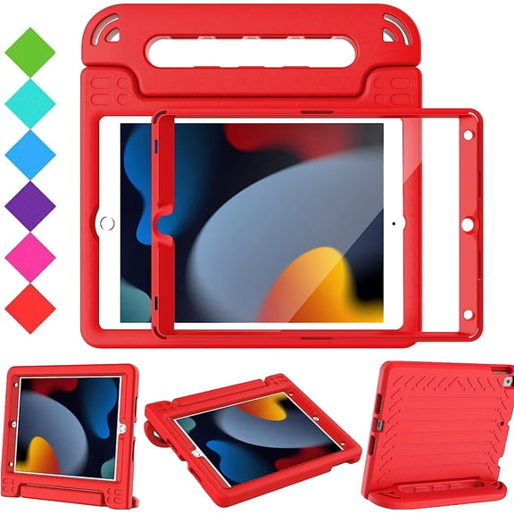 BMOUO Kids Case for iPad 9th/ 8th/ 7th Generation (2021/2020/ 2019), iPad 10.2 Case with Built-in Screen Protector, Shockproof Handle Stand Kids Case for iPad 9 8 7 Generation 10.2 Inch - Red