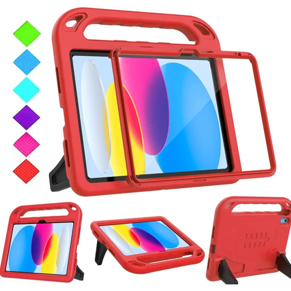 BMOUO Kids Case for iPad (A16) 11th Generation 11 Inch 2025, iPad 10th Generation 10.9 inch 2022 - with Built-in Screen Protector, Shockproof Handle Stand iPad 11th/10th Gen Case for Toddlers, Red