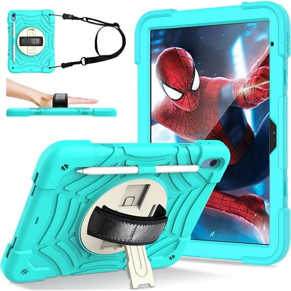 BMOUO iPad 10th Generation Case 10.9 inch 2022 - with Screen Protector, 360 Rotating Stand & Pencil Holder & Hand & Shoulder Strap Shockproof Kids Case for 10.9” iPad 10th Generation 2022, Turquoise
