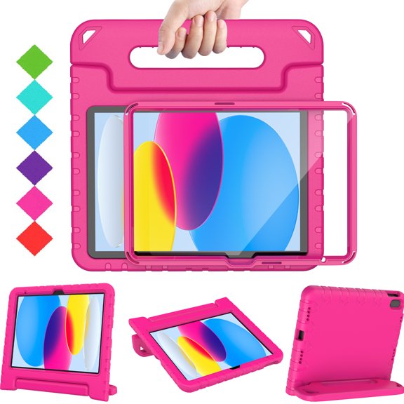 BMOUO Kids Case for iPad (A16) 11th Generation 11 Inch 2025, iPad 10th Generation 10.9" 2022 with Built-in Screen Protector Durable Shockproof Lightweight Handle Cover for iPad 10/11 Gen, Rose