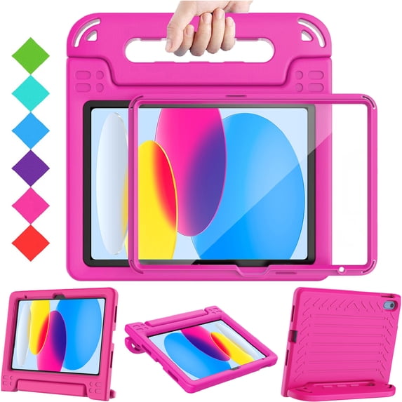 BMOUO Kids Case for iPad (A16) 11th Generation 11 Inch 2025, iPad 10th Generation 10.9" 2022 with Built-in Screen Protector Durable Shockproof Lightweight Handle Cover for iPad 10/11 Gen, Rose
