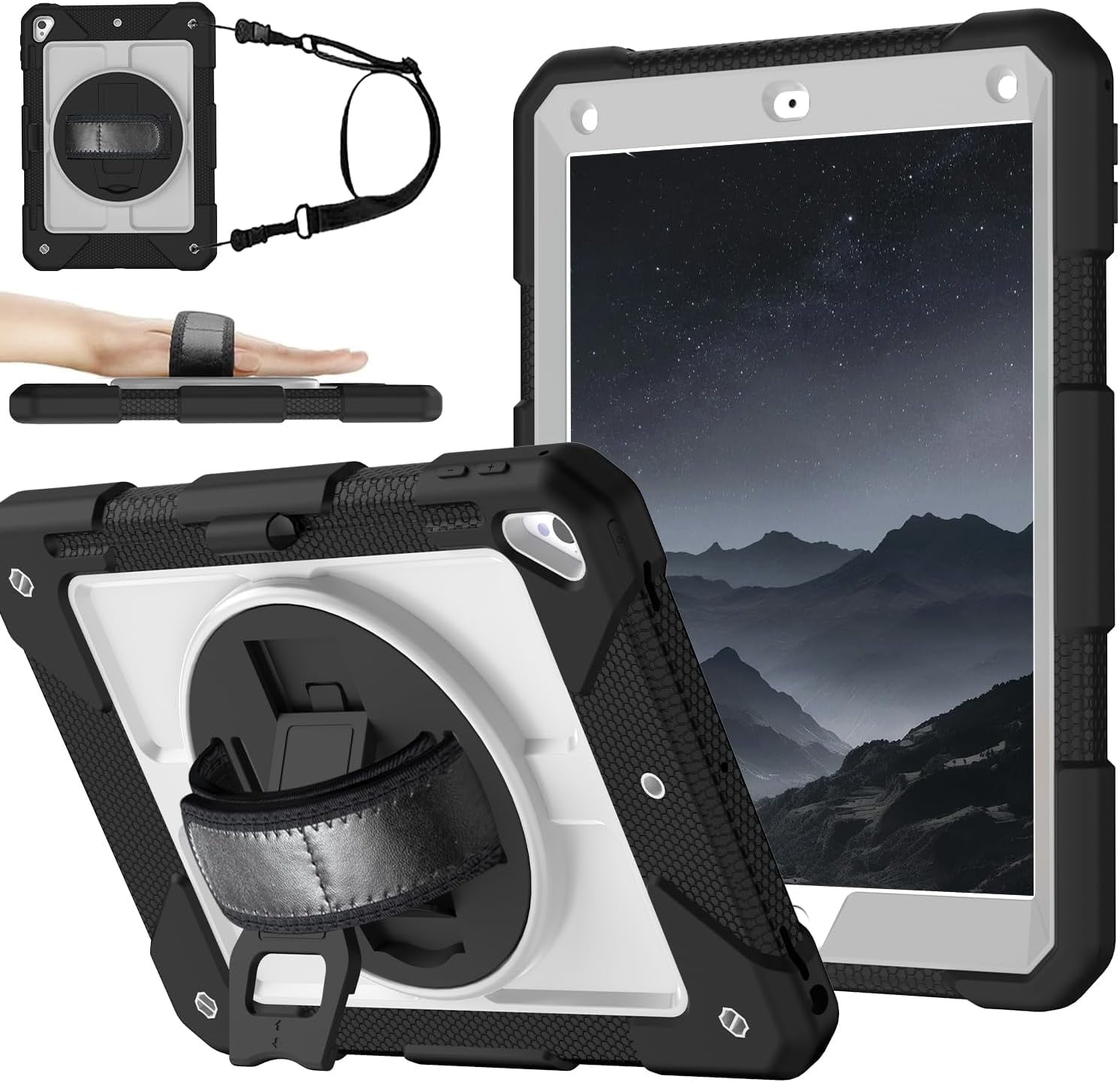 BMOUO iPad 6th / 5th Generation Case,iPad 9.7 2018/2017 Case,iPad Air 2 Case,3 Layer Shockproof [360 Swivel Stand][Hand Strap][Pencil Holder] Kids Case for iPad 9.7 Inch 2018/2017 - Black+Grey