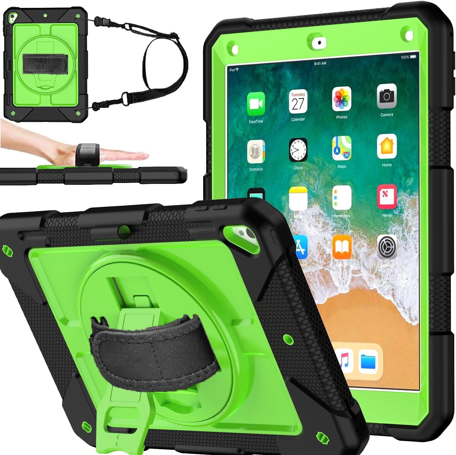 BMOUO iPad 6th / 5th Generation Case,iPad 9.7 2018/2017 Case,iPad Air 2 Case,3 Layer Shockproof [360 Swivel Stand][Hand Strap][Pencil Holder] Kids Case for iPad 9.7 Inch 2018/2017 - Black+Green