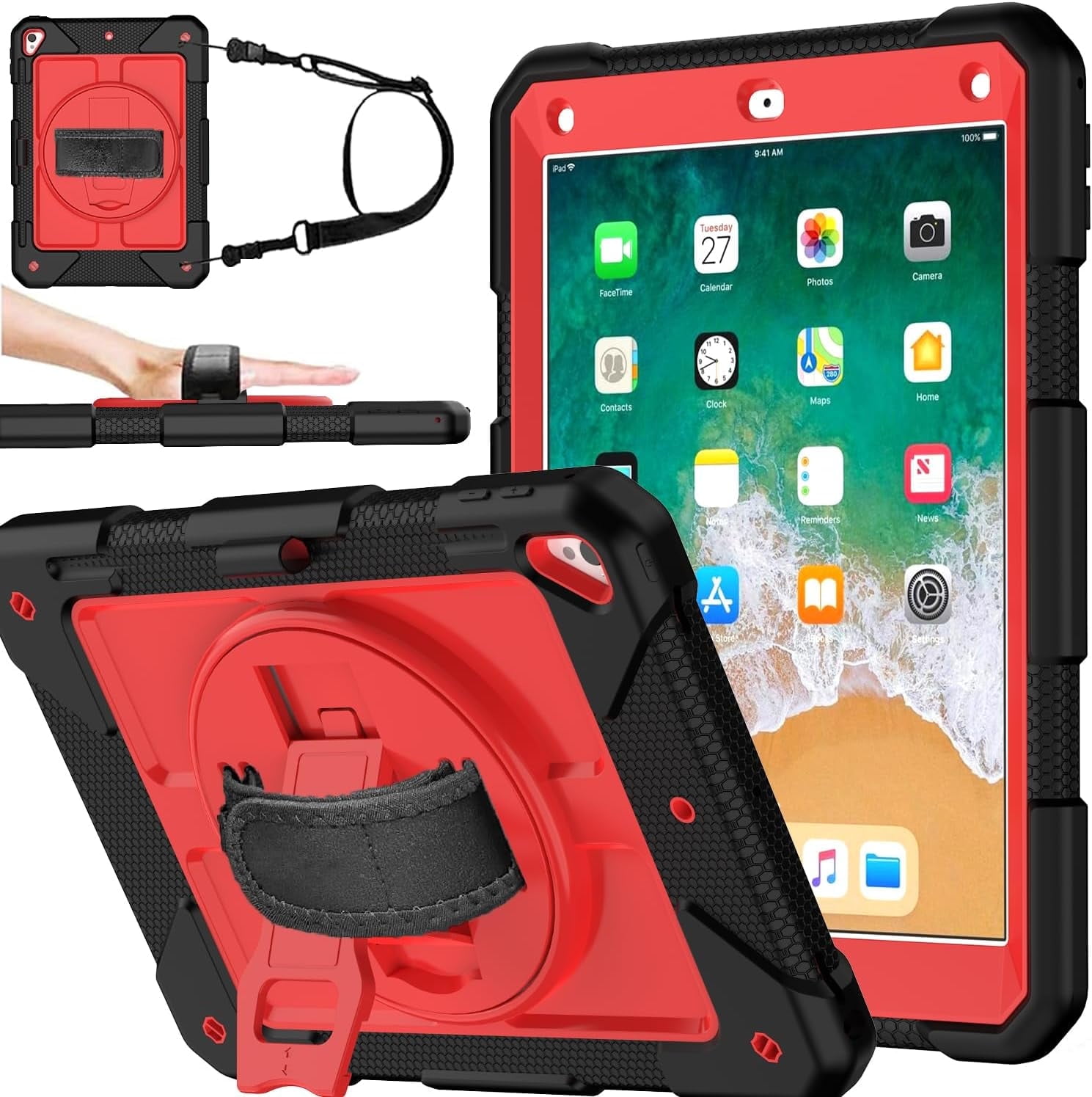 BMOUO iPad 6th / 5th Generation Case,iPad 9.7 2018/2017 Case,iPad Air 2 Case,3 Layer Shockproof [360 Swivel Stand][Hand Strap][Pencil Holder] Kids Case for iPad 9.7 Inch 2018/2017 - Black+Red