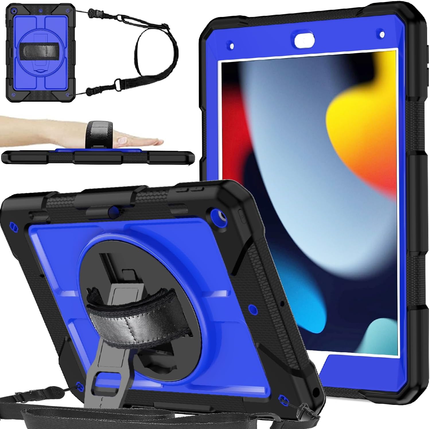 BMOUO iPad 9th/8th/7th Generation Case, New iPad 10.2 Case,3 Layer Hybrid Shockproof [360 Rotating Stand][Hand Strap] [Pencil Holder] Kids Case for iPad 10.2 inch 2021/2020/2019 - Black/Deep Blue