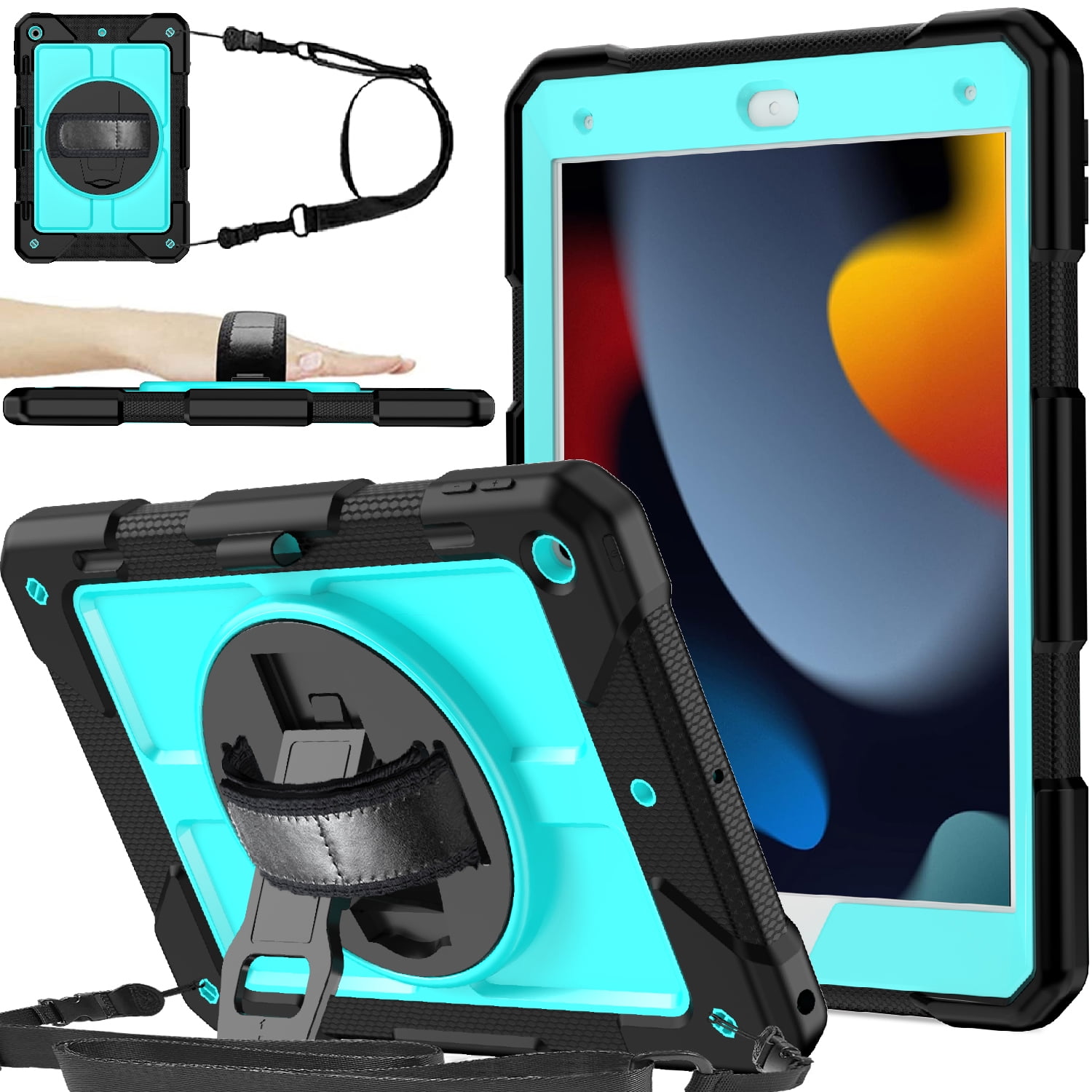 BMOUO iPad 9th Generation Case, iPad 8th/7th Generation Case, iPad 10.2 Case,Hybrid Shockproof [360 Rotating Stand] [Hand Strap] [Pencil Holder] Kids Case for New iPad 10.2" 2021/2020/2019, Sky Blue