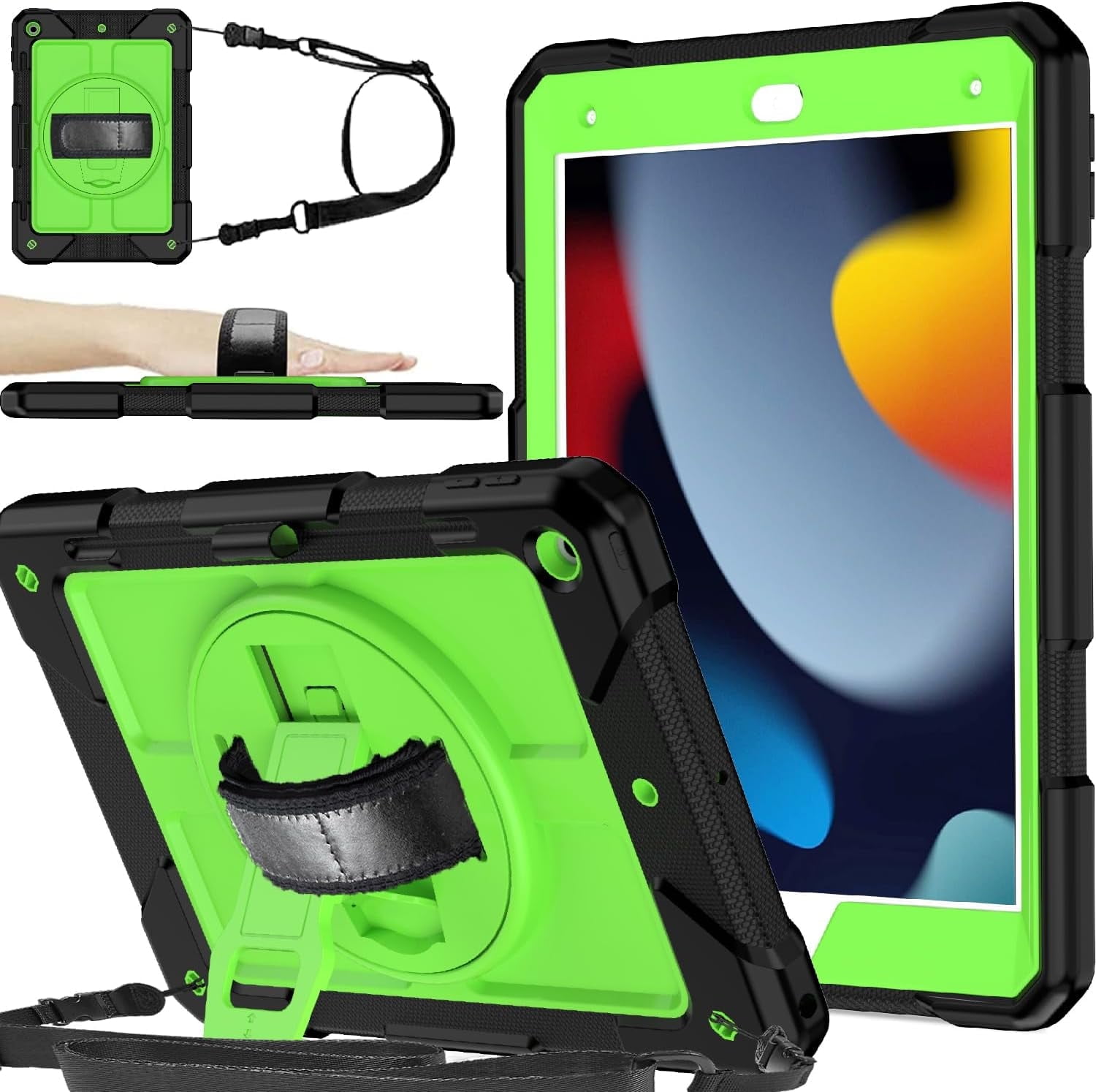 BMOUO iPad 9th Generation Case, iPad 8th/7th Generation Case, iPad 10.2 Case,Hybrid Shockproof [360 Rotating Stand] [Hand Strap] [Pencil Holder] Kids Case for iPad 10.2" 2021/2020/2019 - Green
