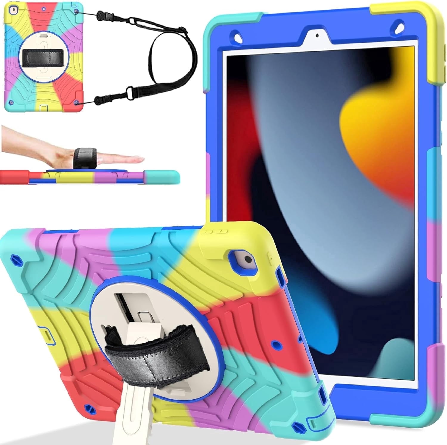 BMOUO iPad 9th Generation Case, iPad 8th/7th Generation Case, iPad 10.2 Case,Hybrid Shockproof [360 Rotating Stand] [Hand Strap] [Pencil Holder] Kids Case for iPad 10.2" 2021/2020/2019 - Colorful