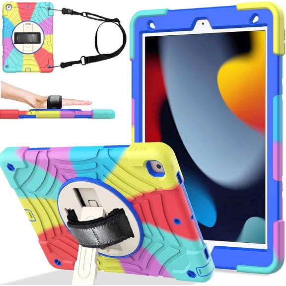 BMOUO iPad 9th Generation Case, iPad 8th/7th Generation Case, iPad 10.2 Case,Hybrid Shockproof [360 Rotating Stand] [Hand Strap] [Pencil Holder] Kids Case for iPad 10.2" 2021/2020/2019 - Colorful