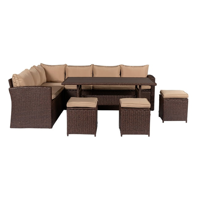 BMTBUY Eight-Piece Set Outdoor Rattan Dining Table And Chair Brown Wood Grain Rattan Khaki Cushion Plastic Wood Surface