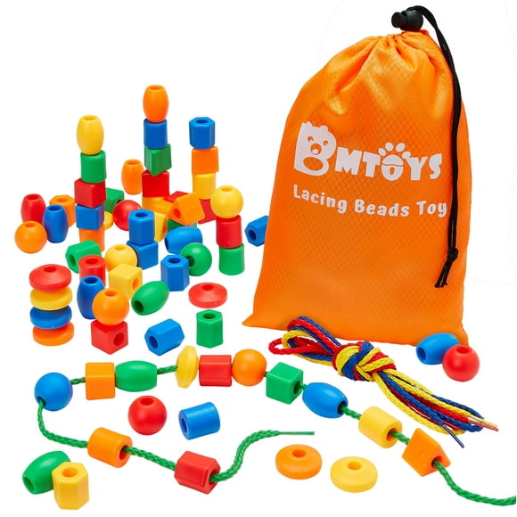 BMTOYS Lacing Beads for Preschool Kids - 70 Stringing Threading Occupational for