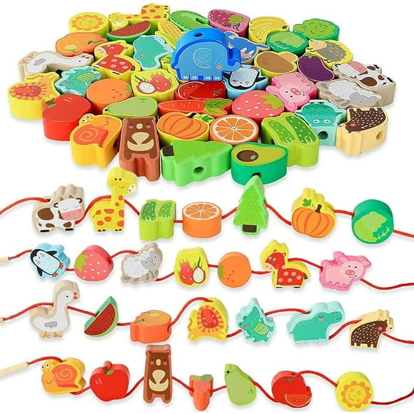 BMTOYS Montessori Educational Threading Toys Wooden Stringing Farm Animals Fruits Lacing Beads Preschool Toy for Toddler 3 4 5 Year Old Boys Girls