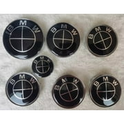 BMW Classic Look Black Emblem Logo Badge Set 82mm Hood Emblem 74mm Trunk Emblem 44mm Steering Wheel Emblem 68mm Wheel Center Caps 7-pcs Set