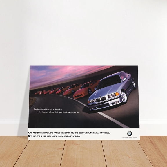 BMW E36 M3 Best Handling Car In America Vintage Automotive Sports Coupe Wall Art Garage Decor, Unframed Poster