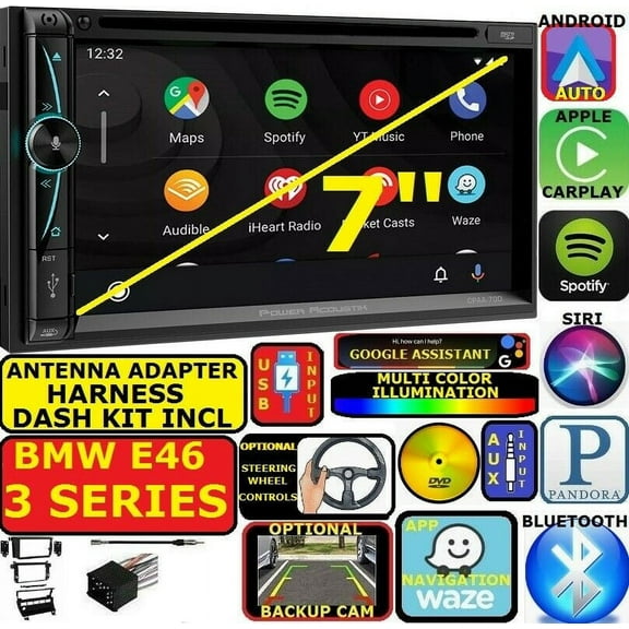 BMW E46 APPLE CARPLAY NAVIGATION (works with IPHONE) AM/FM USB/BLUETOOTH CAR RADIO STEREO PKG.  INCL. VEHICLE INSTALLATION HARDWARE: DASH KIT, WIRE HARNESS, AND ANTENNA ADAPTER WHEN REQUIRED.