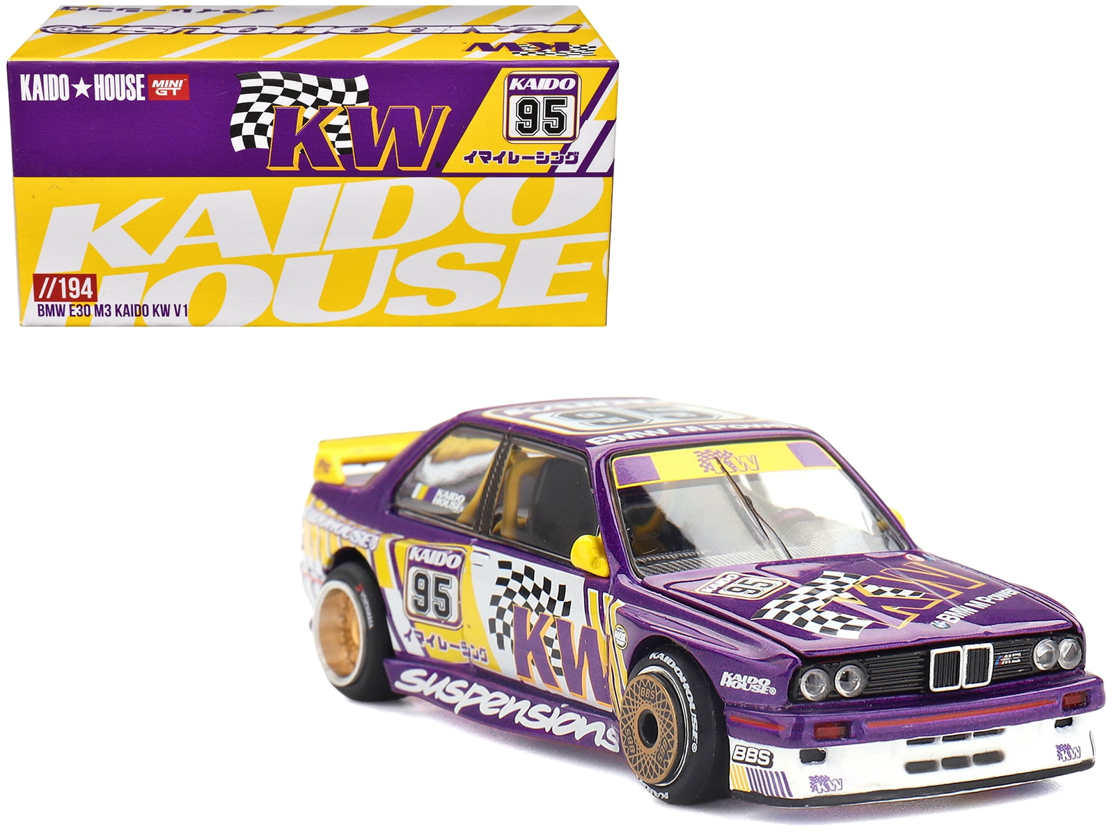 BMW M3 "Kaido KW V1" #95 Purple and Yellow with Graphics "Kaido House" Special 1/64 Diecast Model Car by Mini GT