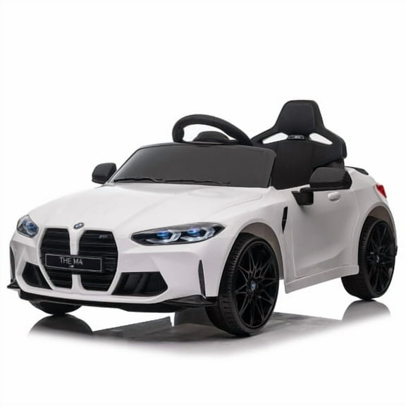 BMW M4 Kids Ride on Car Toy with Remote Control, 12V Powered Ride on Toys Cars W/Bluetooth/USB/MP3, Battery Display, LED, Handle with Wheels & Pull, Electric Car for Boy Girl, White
