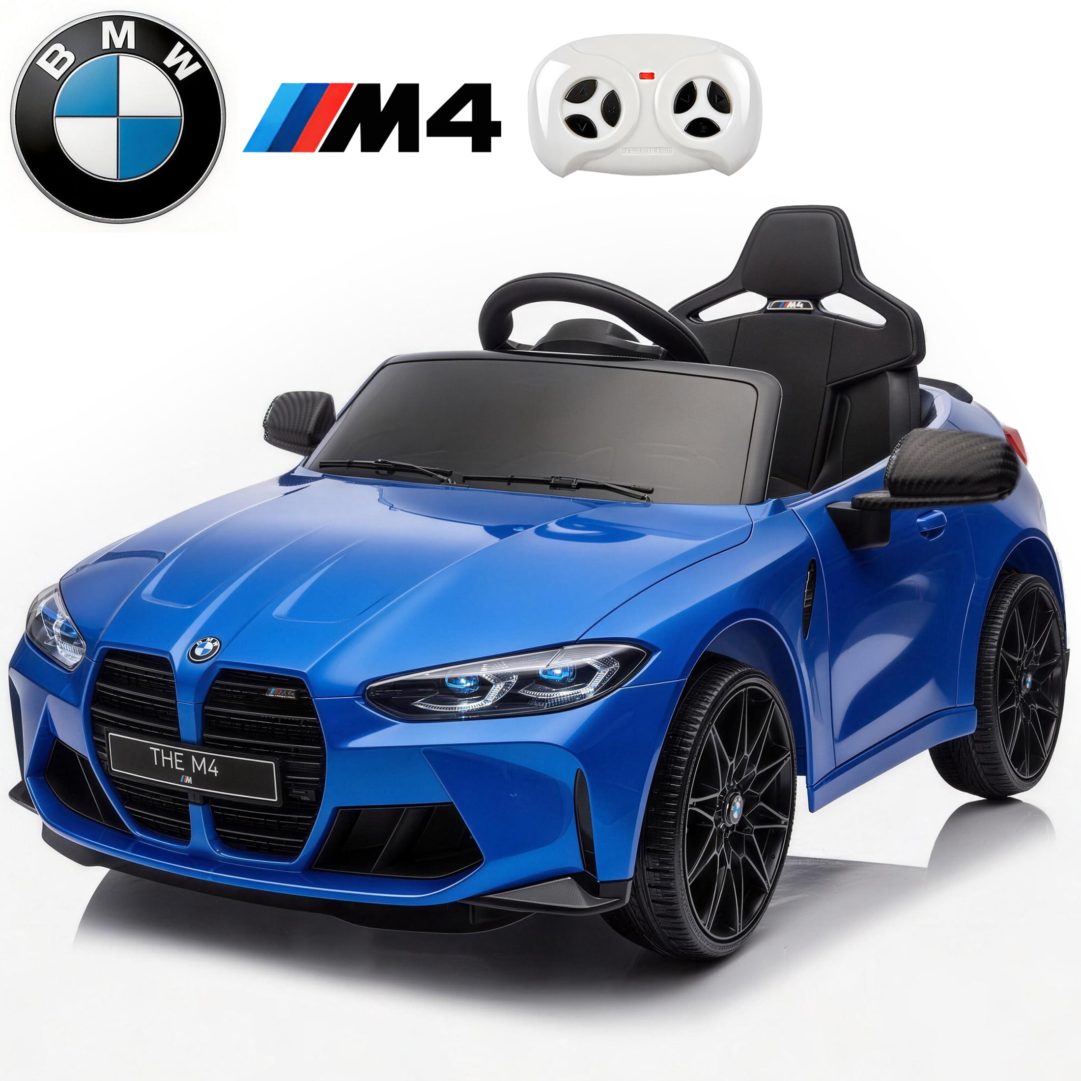 BMW M4 12V Kids Ride On Toy Car with Parents Remote, Electric Car with USB/MP3, Bluetooth, LED Light, Toddler Car with A Handle with Wheels and A Pull, Easy to Carry, Gift for Boys Girls 2-5, Blue