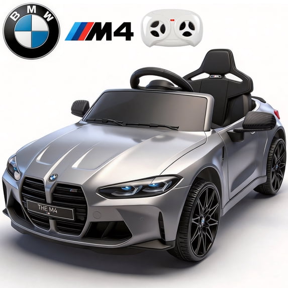 BMW M4 24V Kids Ride On Toy Car with Parents Remote, Electric Car with USB/MP3, Bluetooth, LED Light, Toddler Car with A Handle with Wheels and A Pull, Easy to Carry, Gift for Boys Girls 2-5, Silver