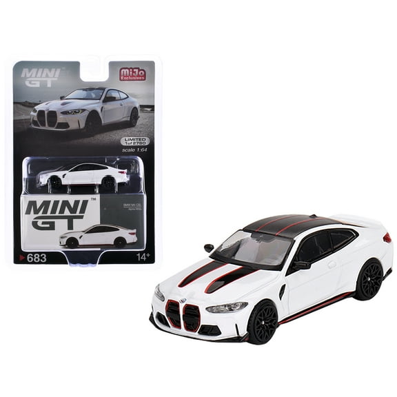 BMW M4 CSL Alpine White with Carbon Top and Black & Red Stripes Limited Edition to 2760 pieces 1/64 Diecast Model Car by Mini GT
