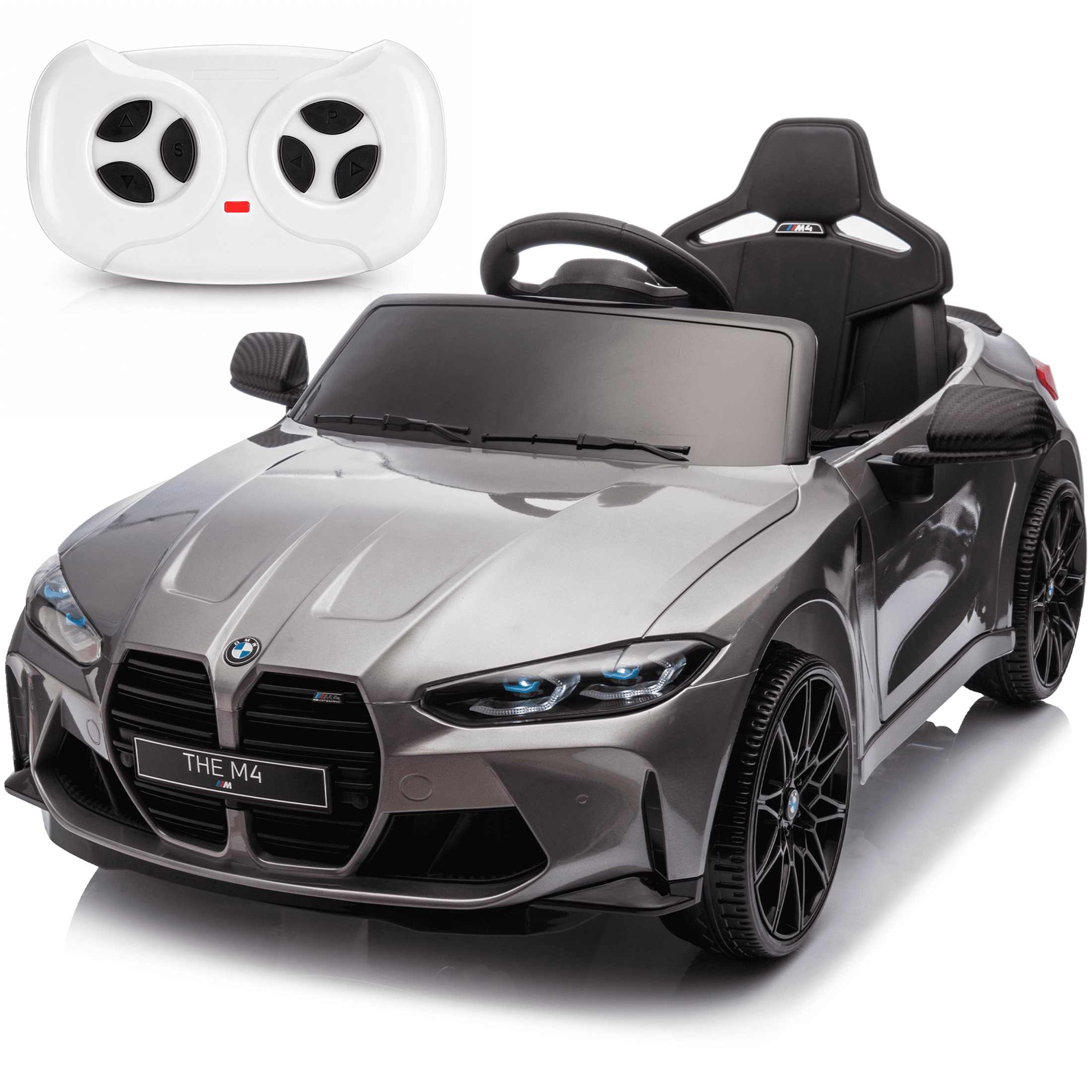 BMW M4 Kids Ride on Car Toy with Remote Control, 24V Powered Ride on Toys Cars W/Bluetooth/USB/MP3, Battery Display, LED, Handle with Wheels & Pull, Electric Car for Boy Girl, Gray