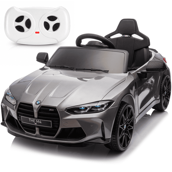 BMW M4 Kids Ride on Car Toy with Remote Control, 24V Powered Ride on Toys Cars W/Bluetooth/USB/MP3, Battery Display, LED, Handle with Wheels & Pull, Electric Car for Boy Girl, Gray