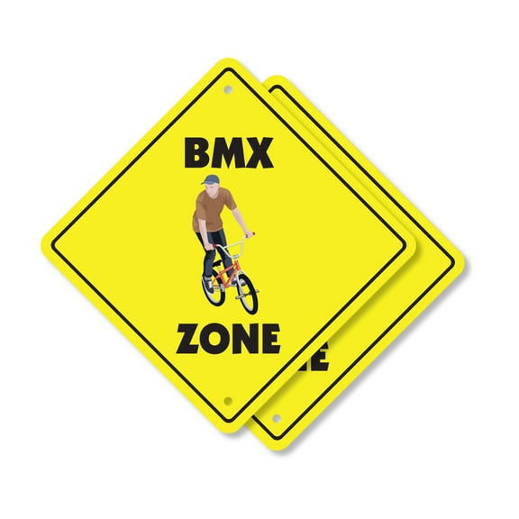 BMX (2 Pack) Plastic Crossing Sign - 12 Inch X 12 Inch Xing Sign Gift Bicycle Stunt Sport Freestyle Tricks Racing Outdoor Extreme Jump Ride Adventure
