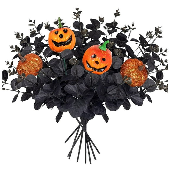 BMYJ 12PCS Black Halloween Pumpkin Decorations Indoor Artificial Fake Flowers: Eucalyptus Branches Stems Table Centerpieces Decor