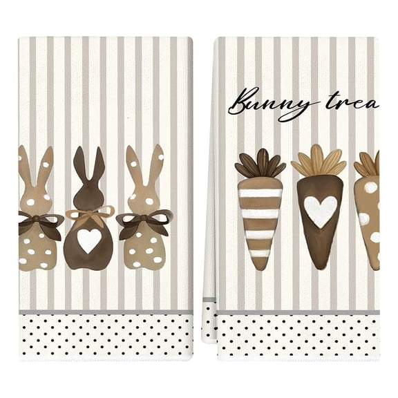 BMYJ 2pcs Happy Easter Kitchen Dish Towel,Bunny Drying Hand Towels with Egg and Baking Cooking Cloth in Sweet Stripes,Festive Kitchen Decoration and Practical Towel,Absorbent Cotton Linen Tea Towel