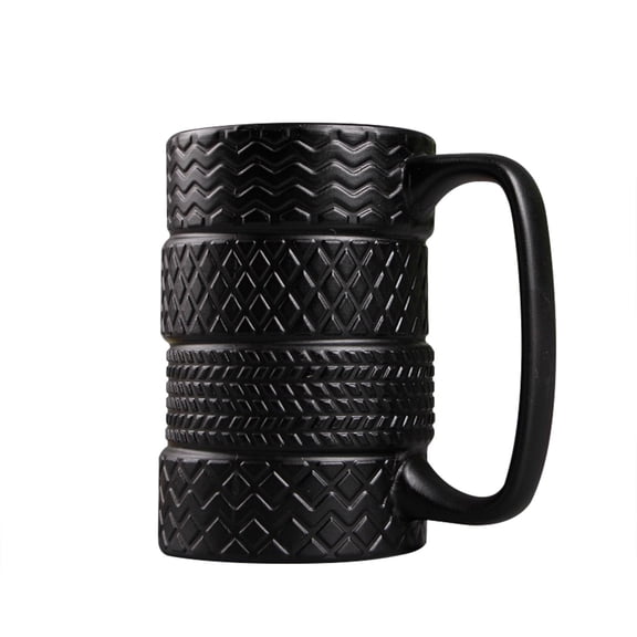 BMYJ 3D Black Tire Shaped Mug, Large Frosted Ceramic Coffee and Tea Cup with Stainless Steel Interior, Durable and Personalized Gift Idea for Car Lover