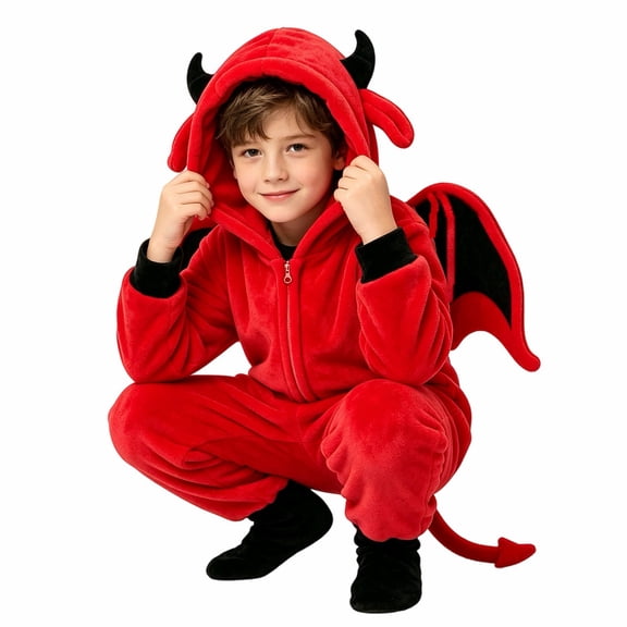 BMYJ Devil Themed Hooded Jumpsuit with Wings & Tail, Fun Character Themed Outfit for Toddler Boys Girls, Plush Jumpsuit for Holiday Party Dress Up (Red, 8-10 Years)