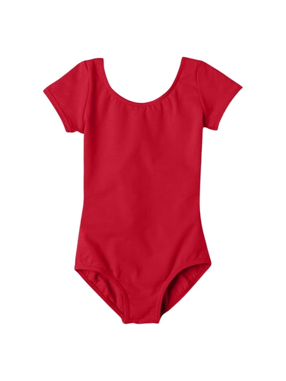 Girls Short Sleeve Leotard, Kids Scoop Neck Stretch Outfit with Crotch Snap Design for Dance and Practice Activities (Red, 5-6 Years)