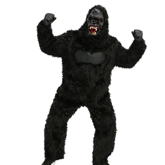 BMYJ Gorilla Themed Plush Jumpsuit with Head Cover, Realistic Animal Themed Outfit for Boys Girls, Fuzzy Jumpsuit for Holiday Dress Up Events (Black, 9-10 Years)