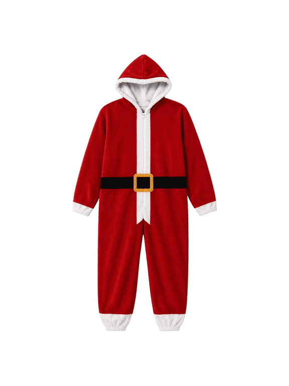 Kids Elf Style Hooded Fleece Coverall, Full Body Zip Up Jumpsuit with Pockets, Festive Outfit for Boys Girls Holiday Parties and Events (Red, 2-3 Years)