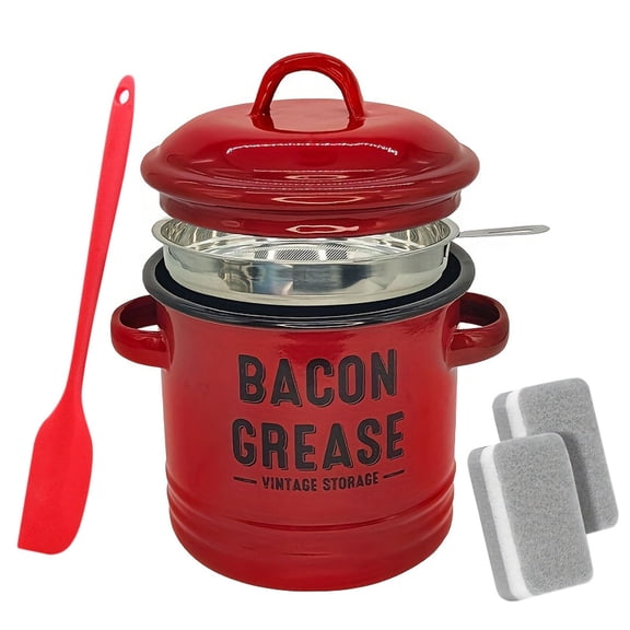 BMYJ Non Stick Enamel Cup Cooking Oil Container with Lid, Grease Pot for Storing and Pouring Frying Oil, Countertop Kitchen Storage to Keep Stove Area Clean and Prevent Spills