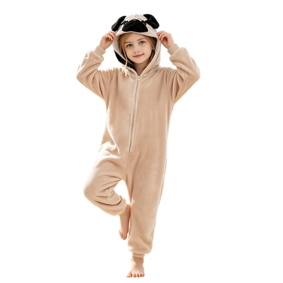 BMYJ Pug Dog Hooded Fleece Jumpsuit, Cute Animal Themed Outfit for Toddler Boys Girls, Soft Plush Jumpsuit for Holiday Party Daily Dress Up (Beige, 18-24 Months)