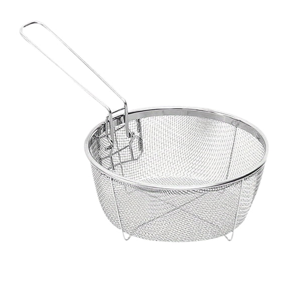 BMYJ Stainless Steel Deep Fry Basket, Round Wire Fryer Basket for Frying Serving Food, French Chip Frying Basket with Folding Handle for Kitchen Frying (Round, 2 Size Options)