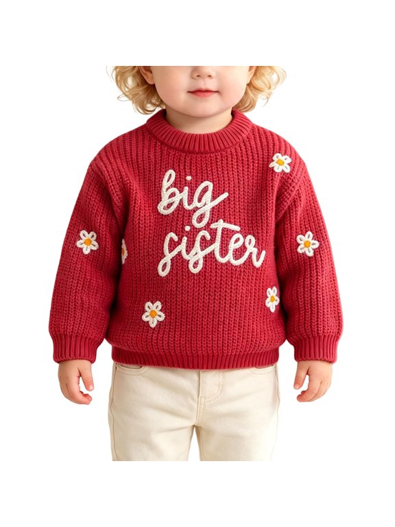 Toddler Girls Big Sister Knit Sweater, Long Sleeve Crew Neck Pullover Sweater with Daisy Embroidery, Soft Knit Sweater for Fall Outfit (Red, 3-6 Months)