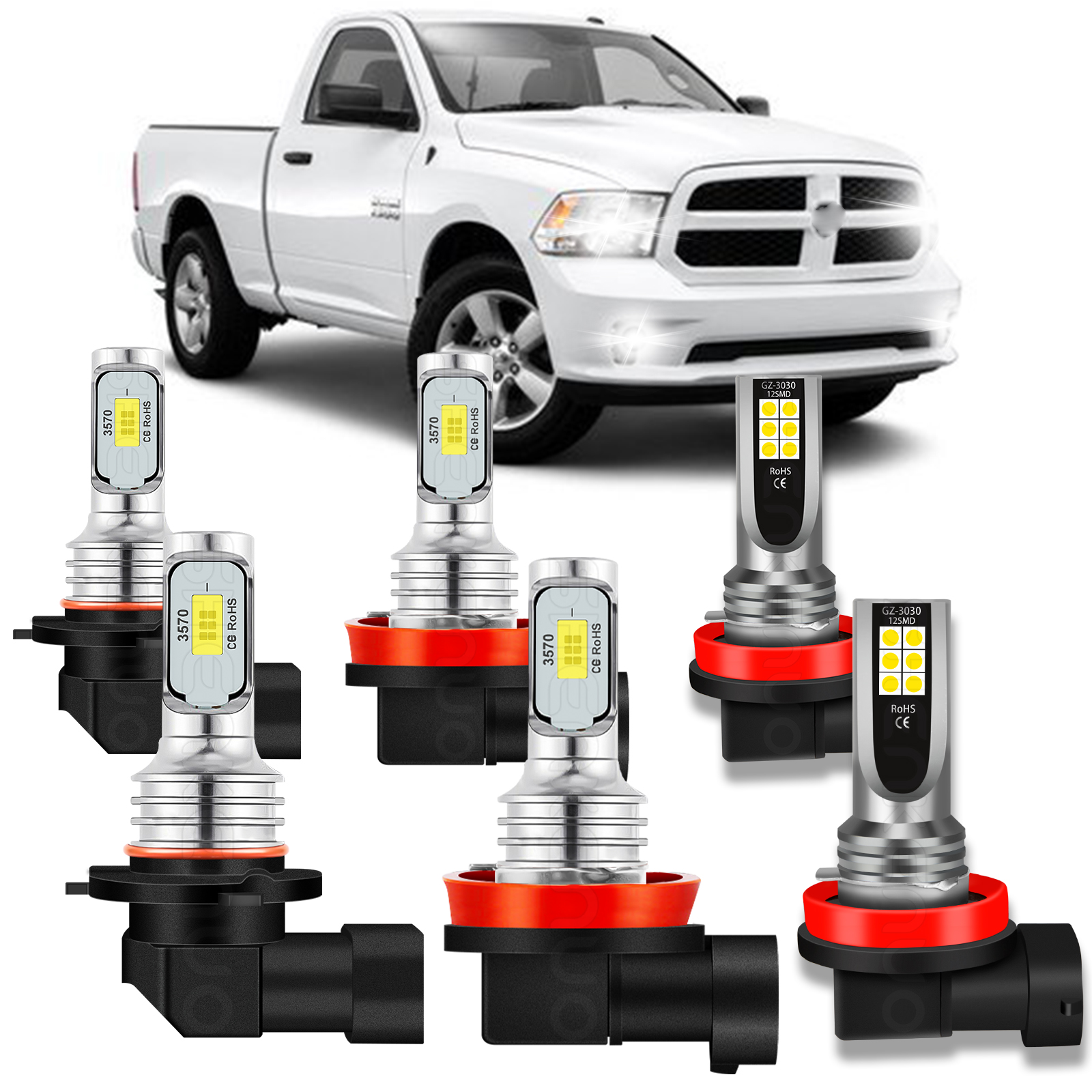 LED Headlight & Fog Light Kit For Ram 1500 2500 3500 2019-2021 – 9005/H11 6000K 6 Bulbs