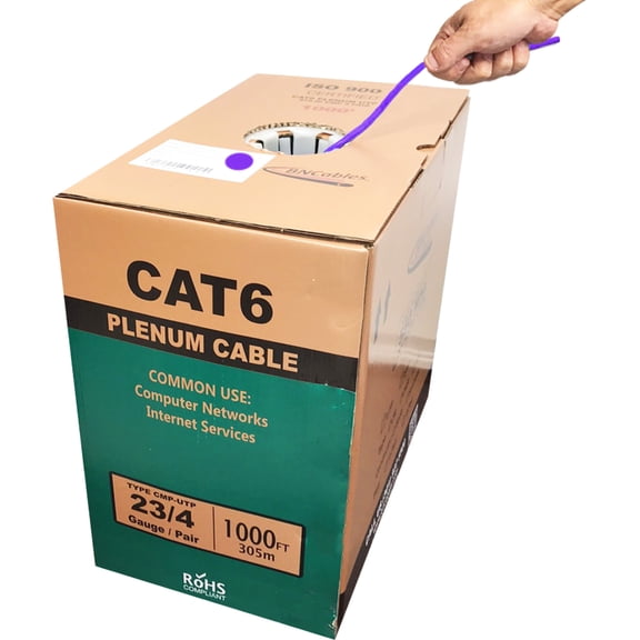 BN Cat6 Plenum 100% Solid Pure Copper 1000ft Bulk CMP Ethernet Networking Cable Purple