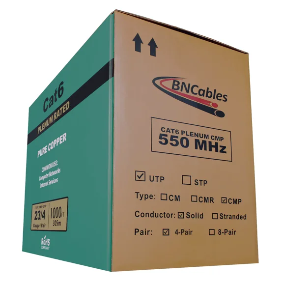 BN Cat6 Plenum 100% Solid Pure Copper 1000ft Bulk CMP Ethernet Networking Cable White